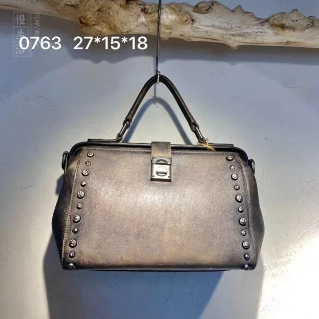 Vintage  Leather Doctor Handbag Purses With Rivet For Women