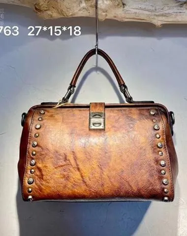 Vintage  Leather Doctor Handbag Purses With Rivet For Women