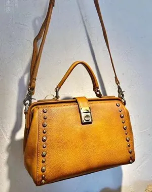 Vintage  Leather Doctor Handbag Purses With Rivet For Women