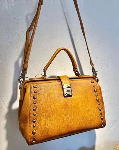 Vintage  Leather Doctor Handbag Purses With Rivet For Women