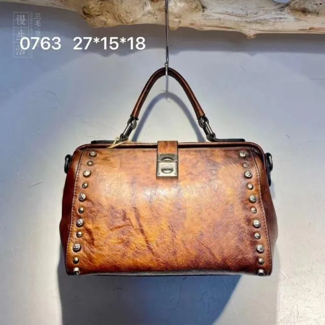 Vintage  Leather Doctor Handbag Purses With Rivet For Women