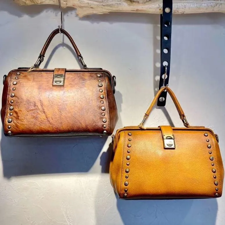 Vintage  Leather Doctor Handbag Purses With Rivet For Women