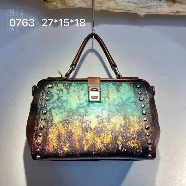 Vintage  Leather Doctor Handbag Purses With Rivet For Women
