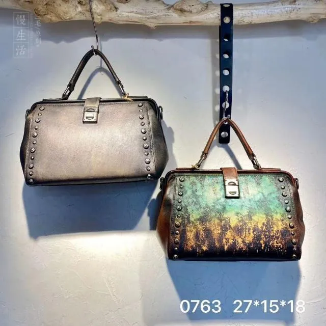 Vintage  Leather Doctor Handbag Purses With Rivet For Women