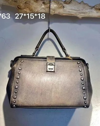 Vintage  Leather Doctor Handbag Purses With Rivet For Women