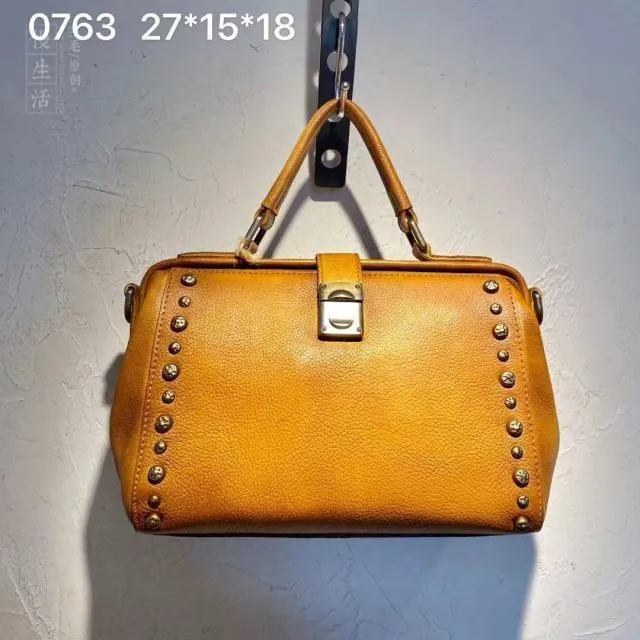 Vintage  Leather Doctor Handbag Purses With Rivet For Women