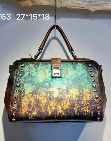 Vintage  Leather Doctor Handbag Purses With Rivet For Women