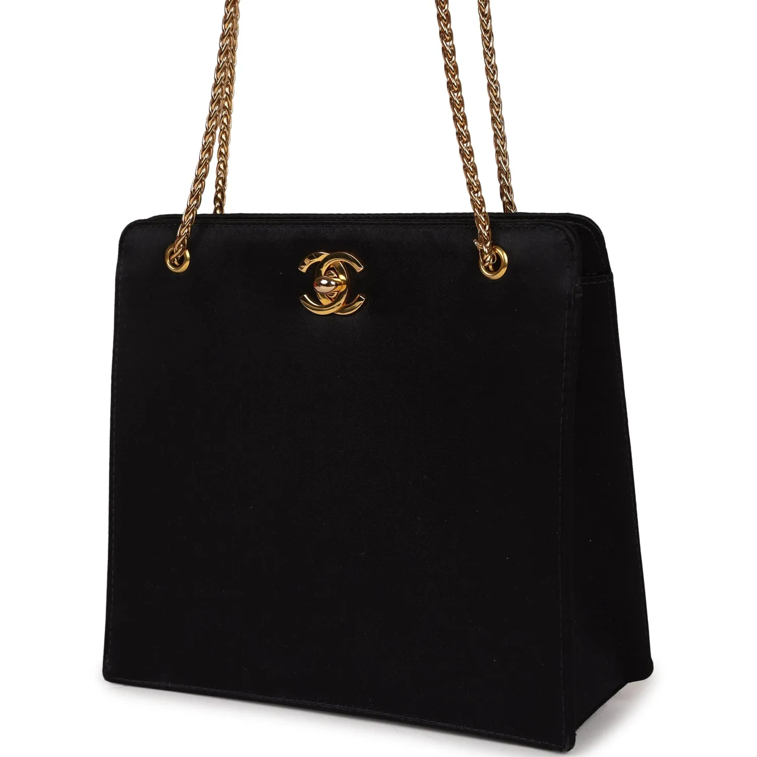 Vintagetrendy Inspired  Chanel Square Shoulder Bag Black Satin Gold Hardware