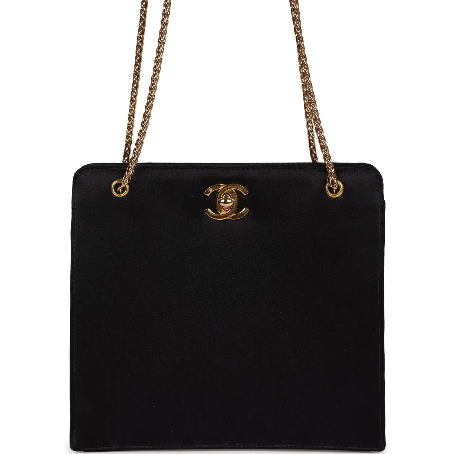 Vintagetrendy Inspired  Chanel Square Shoulder Bag Black Satin Gold Hardware