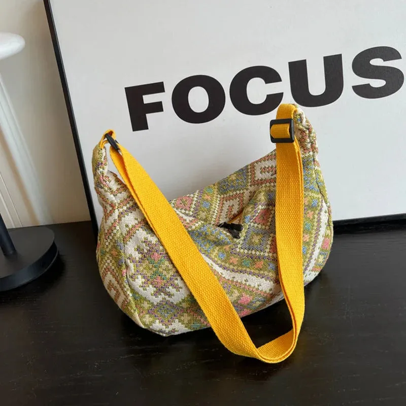 Vvsha - Vintage Female Shoulder Messenger Bag Trend Simple Zipper Handbags Ethnic-Style Canvas Shoulder Bag Small Tote Crossbody Bags