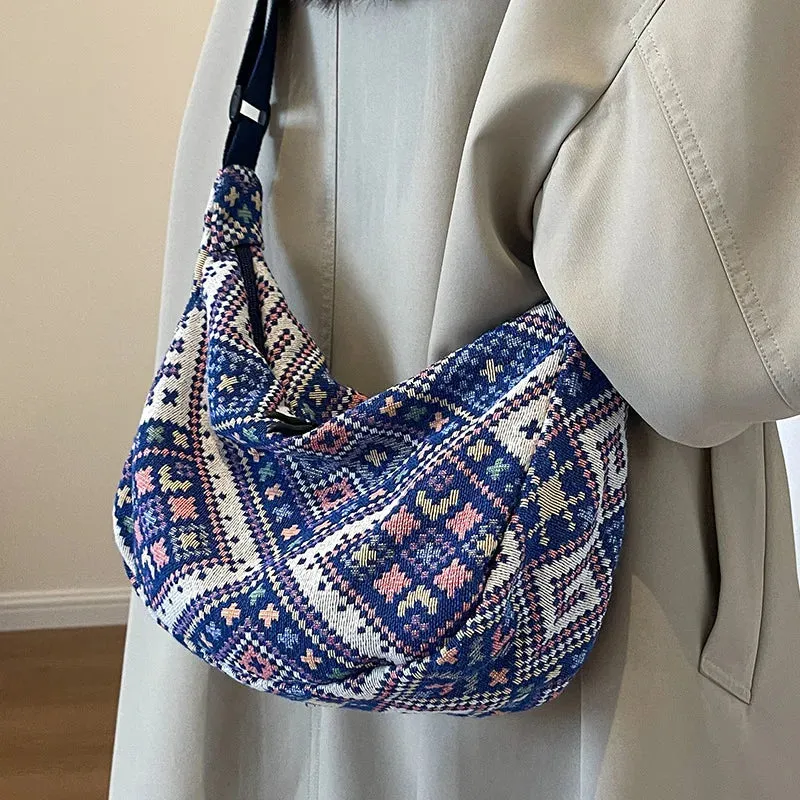 Vvsha - Vintage Female Shoulder Messenger Bag Trend Simple Zipper Handbags Ethnic-Style Canvas Shoulder Bag Small Tote Crossbody Bags