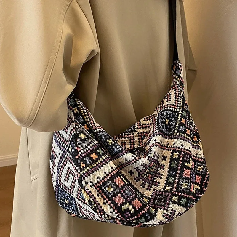 Vvsha - Vintage Female Shoulder Messenger Bag Trend Simple Zipper Handbags Ethnic-Style Canvas Shoulder Bag Small Tote Crossbody Bags