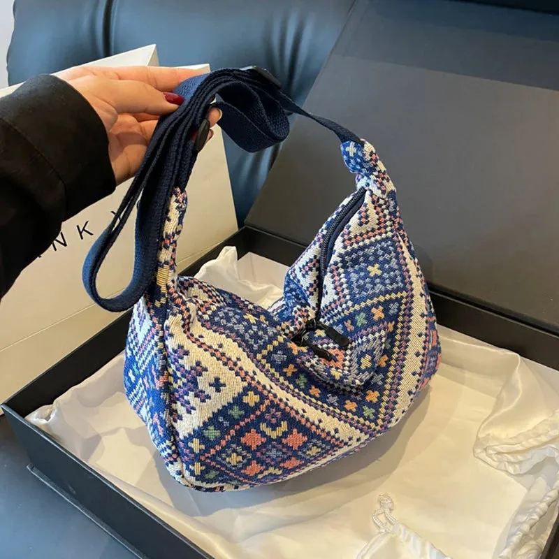 Vvsha - Vintage Female Shoulder Messenger Bag Trend Simple Zipper Handbags Ethnic-Style Canvas Shoulder Bag Small Tote Crossbody Bags