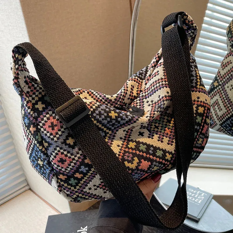 Vvsha - Vintage Female Shoulder Messenger Bag Trend Simple Zipper Handbags Ethnic-Style Canvas Shoulder Bag Small Tote Crossbody Bags