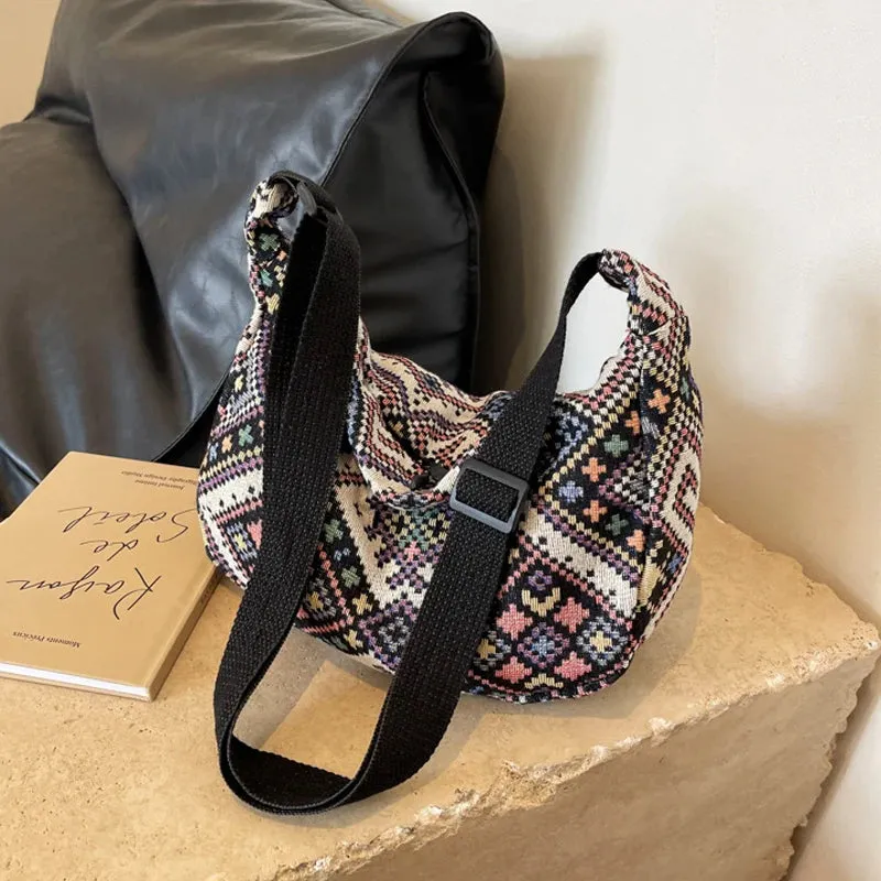 Vvsha - Vintage Female Shoulder Messenger Bag Trend Simple Zipper Handbags Ethnic-Style Canvas Shoulder Bag Small Tote Crossbody Bags