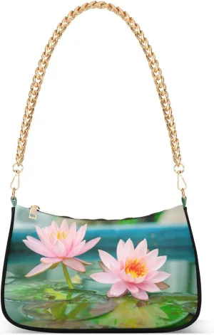 Waterlily Lotus Flower in Pond Shoulder Handbags for Women Travel Hobo Tote Handbag Women Gold Chain Shoulder Bags Purse with Zipper Closure