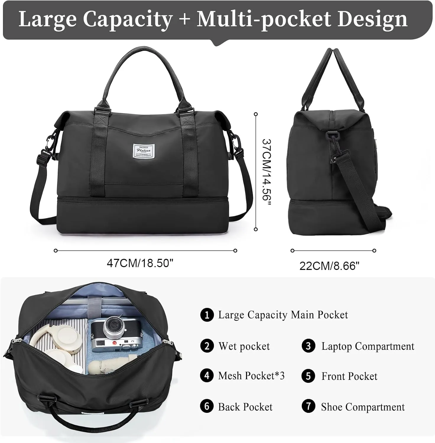 Weekender Bags for Women,Personal Item Travel Bag with Shoes Compartment,Overnight Travel Duffel Bag with Toiletry Bag, Wr-Black with Laptop Pocket, Large, Set(travel Bag toiletry Bag)