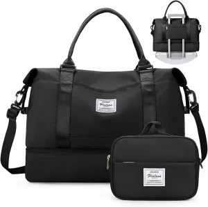 Weekender Bags for Women,Personal Item Travel Bag with Shoes Compartment,Overnight Travel Duffel Bag with Toiletry Bag, Wr-Black with Laptop Pocket, Large, Set(travel Bag toiletry Bag)