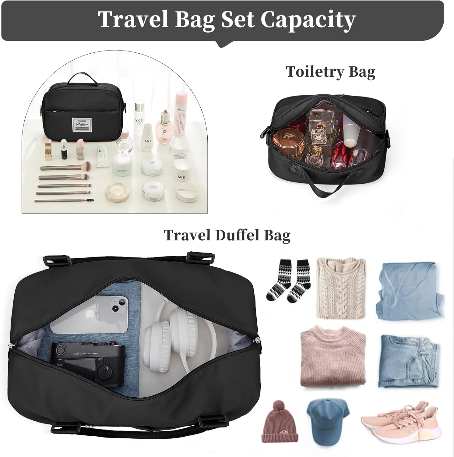 Weekender Bags for Women,Personal Item Travel Bag with Shoes Compartment,Overnight Travel Duffel Bag with Toiletry Bag, Wr-Black with Laptop Pocket, Large, Set(travel Bag toiletry Bag)