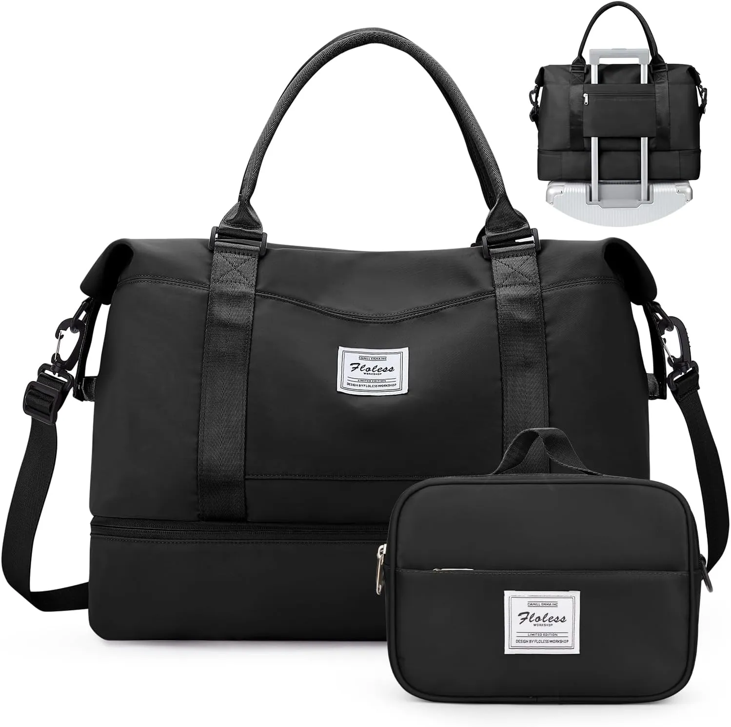 Weekender Bags for Women,Personal Item Travel Bag with Shoes Compartment,Overnight Travel Duffel Bag with Toiletry Bag, Wr-Black with Laptop Pocket, Large, Set(travel Bag toiletry Bag)