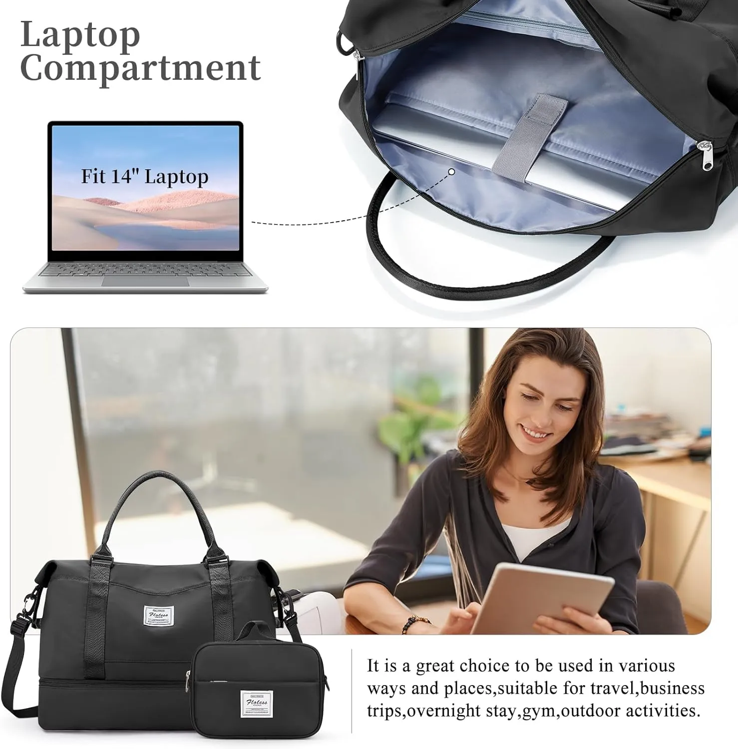 Weekender Bags for Women,Personal Item Travel Bag with Shoes Compartment,Overnight Travel Duffel Bag with Toiletry Bag, Wr-Black with Laptop Pocket, Large, Set(travel Bag toiletry Bag)