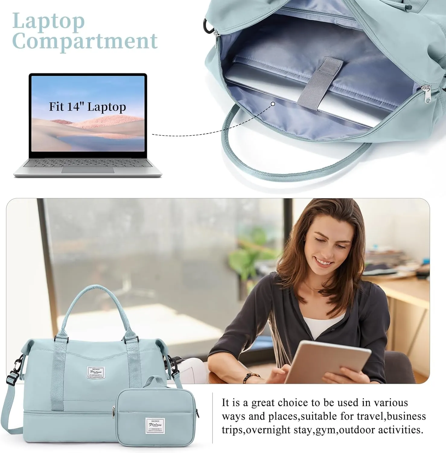 Weekender Bags for Women,Personal Item Travel Bag with Shoes Compartment,Overnight Travel Duffel Bag with Toiletry Bag, Wr-Light Blue with Laptop Pocket, Large, Set(travel Bag toiletry Bag)
