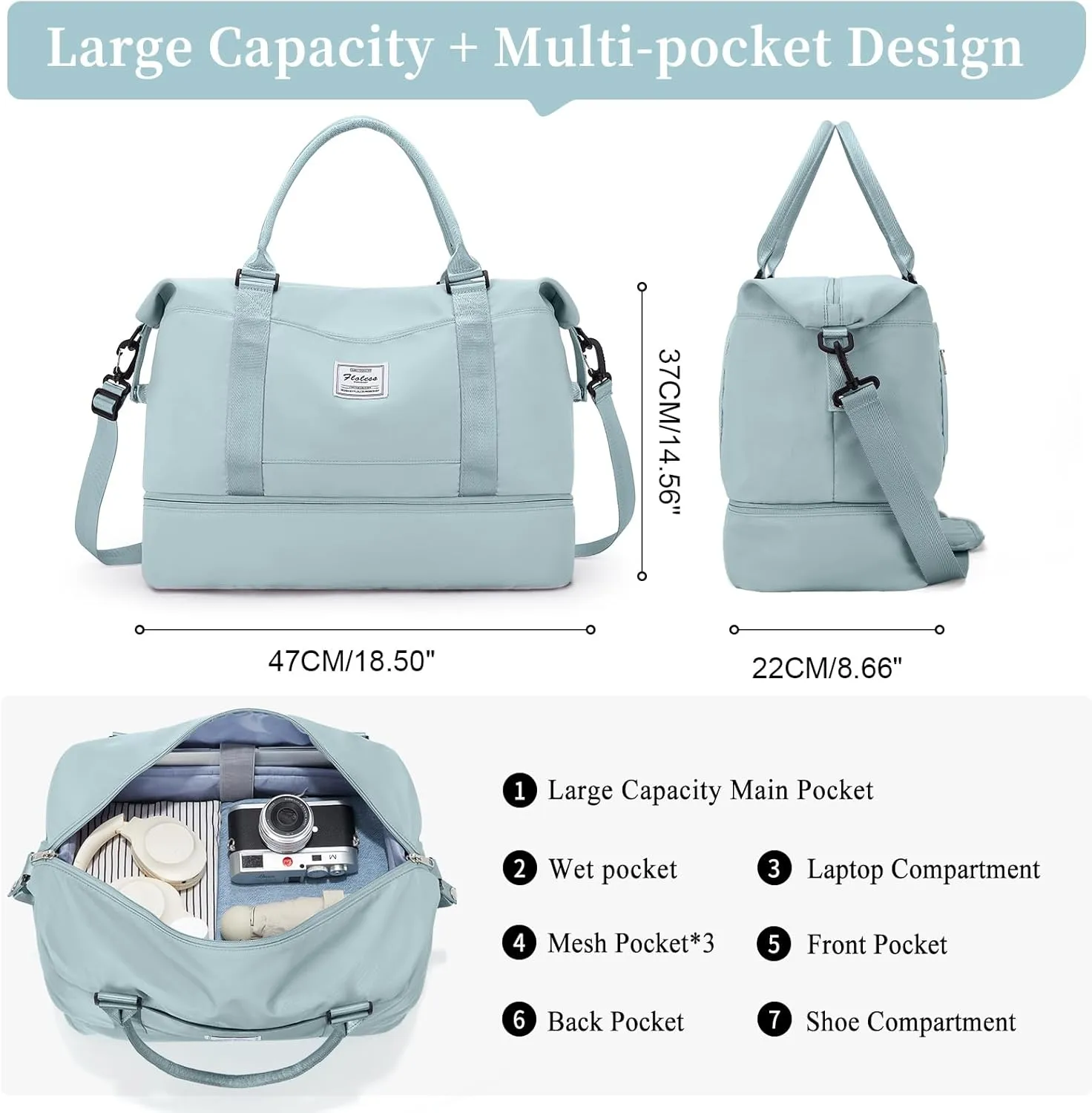 Weekender Bags for Women,Personal Item Travel Bag with Shoes Compartment,Overnight Travel Duffel Bag with Toiletry Bag, Wr-Light Blue with Laptop Pocket, Large, Set(travel Bag toiletry Bag)