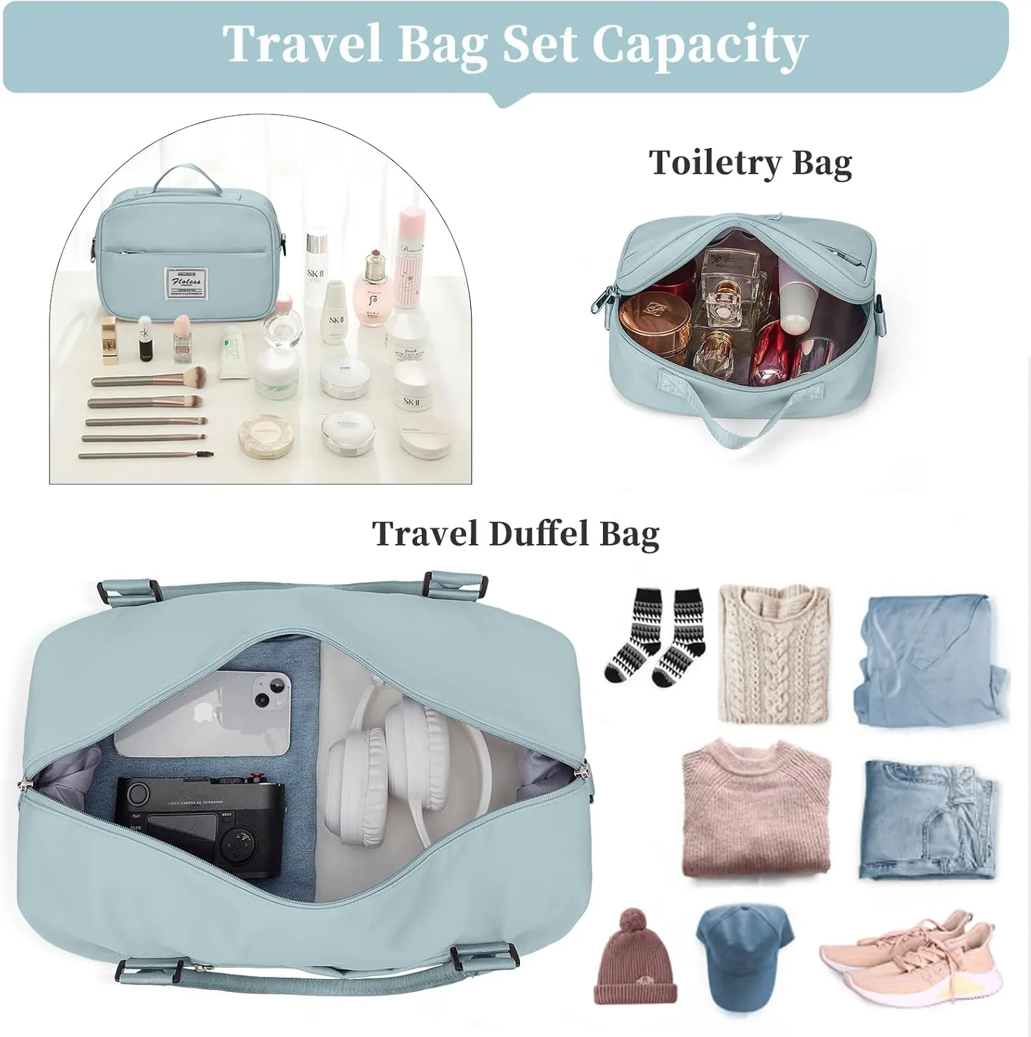 Weekender Bags for Women,Personal Item Travel Bag with Shoes Compartment,Overnight Travel Duffel Bag with Toiletry Bag, Wr-Light Blue with Laptop Pocket, Large, Set(travel Bag toiletry Bag)