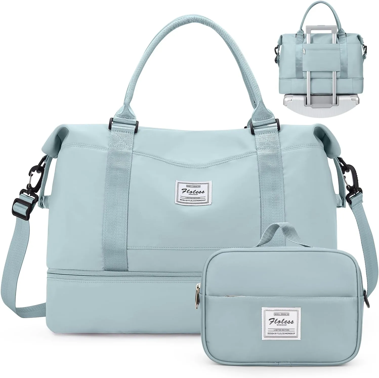 Weekender Bags for Women,Personal Item Travel Bag with Shoes Compartment,Overnight Travel Duffel Bag with Toiletry Bag, Wr-Light Blue with Laptop Pocket, Large, Set(travel Bag toiletry Bag)