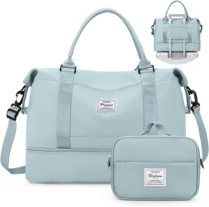 Weekender Bags for Women,Personal Item Travel Bag with Shoes Compartment,Overnight Travel Duffel Bag with Toiletry Bag, Wr-Light Blue with Laptop Pocket, Large, Set(travel Bag toiletry Bag)
