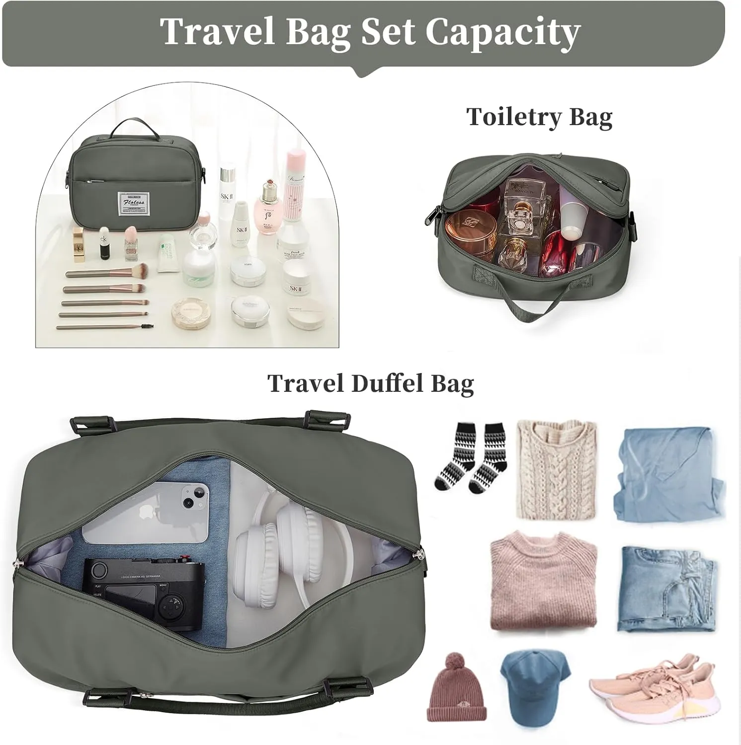 Weekender Bags for Women,Personal Item Travel Bag with Shoes Compartment,Overnight Travel Duffel Bag with Toiletry Bag, Wr-Olive Green with Laptop Pocket, Large, Set(travel Bag toiletry Bag)