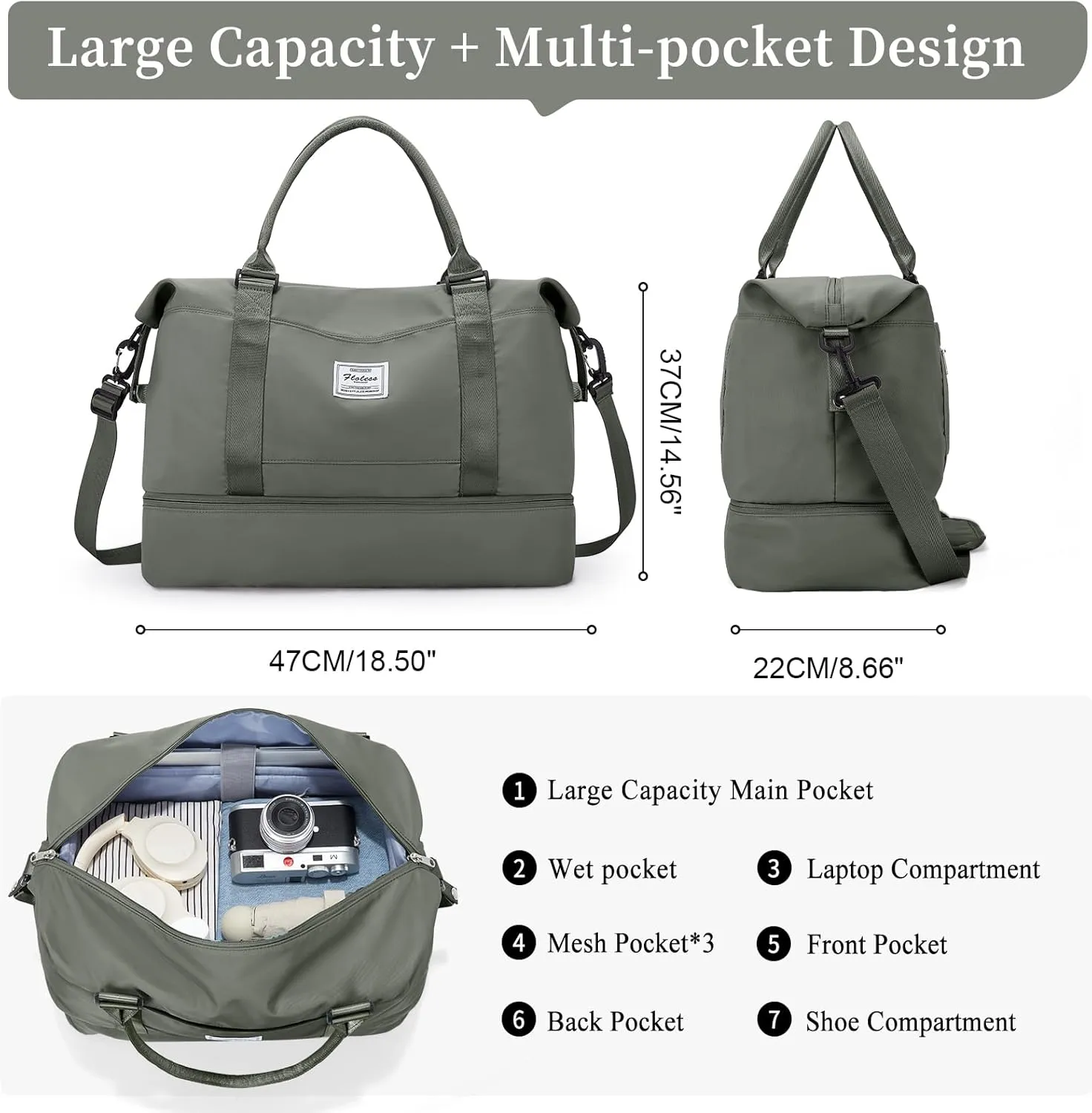 Weekender Bags for Women,Personal Item Travel Bag with Shoes Compartment,Overnight Travel Duffel Bag with Toiletry Bag, Wr-Olive Green with Laptop Pocket, Large, Set(travel Bag toiletry Bag)