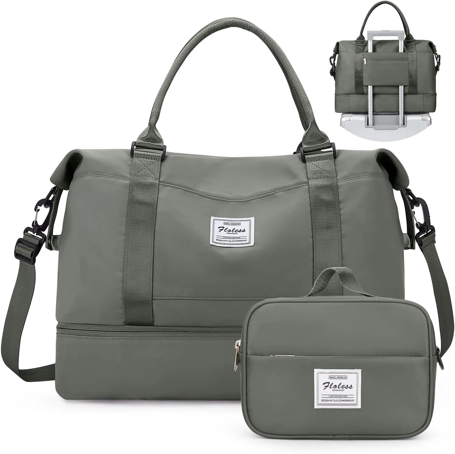 Weekender Bags for Women,Personal Item Travel Bag with Shoes Compartment,Overnight Travel Duffel Bag with Toiletry Bag, Wr-Olive Green with Laptop Pocket, Large, Set(travel Bag toiletry Bag)