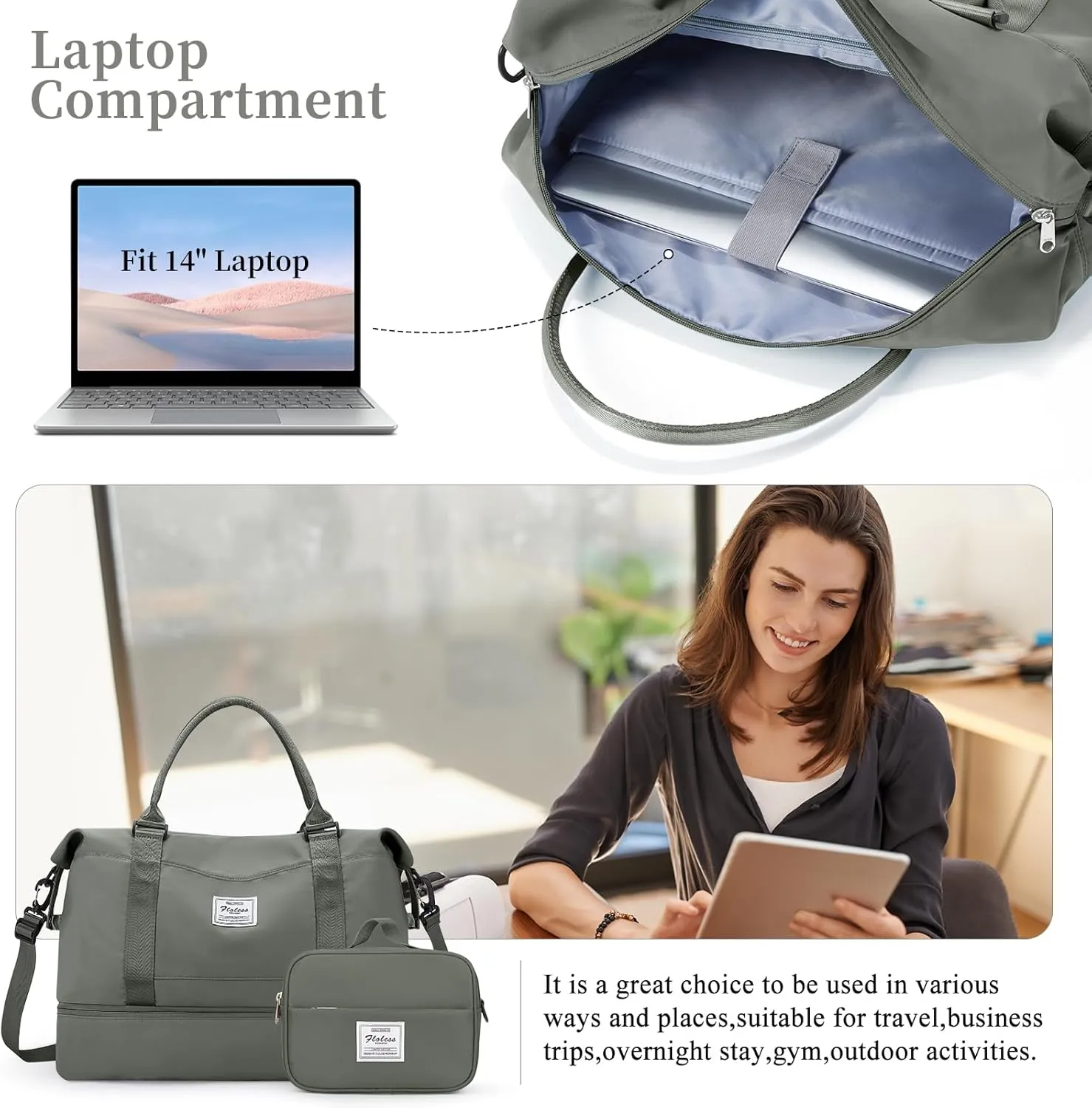 Weekender Bags for Women,Personal Item Travel Bag with Shoes Compartment,Overnight Travel Duffel Bag with Toiletry Bag, Wr-Olive Green with Laptop Pocket, Large, Set(travel Bag toiletry Bag)
