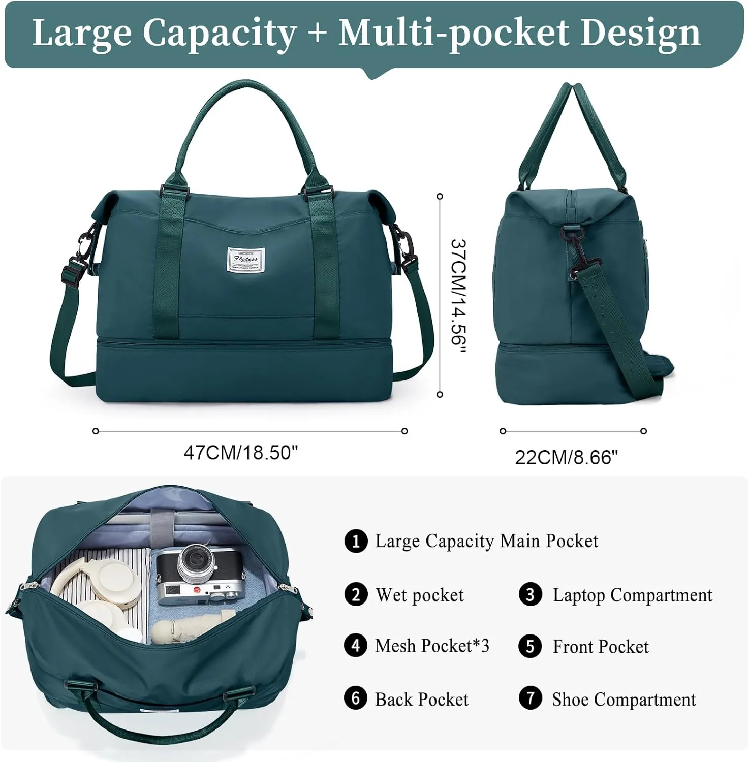 Weekender Bags for Women,Personal Item Travel Bag with Shoes Compartment,Overnight Travel Duffel Bag with Toiletry Bag, Wr-Peacock Blue with Laptop Pocket, Large, Set(travel Bag toiletry Bag)