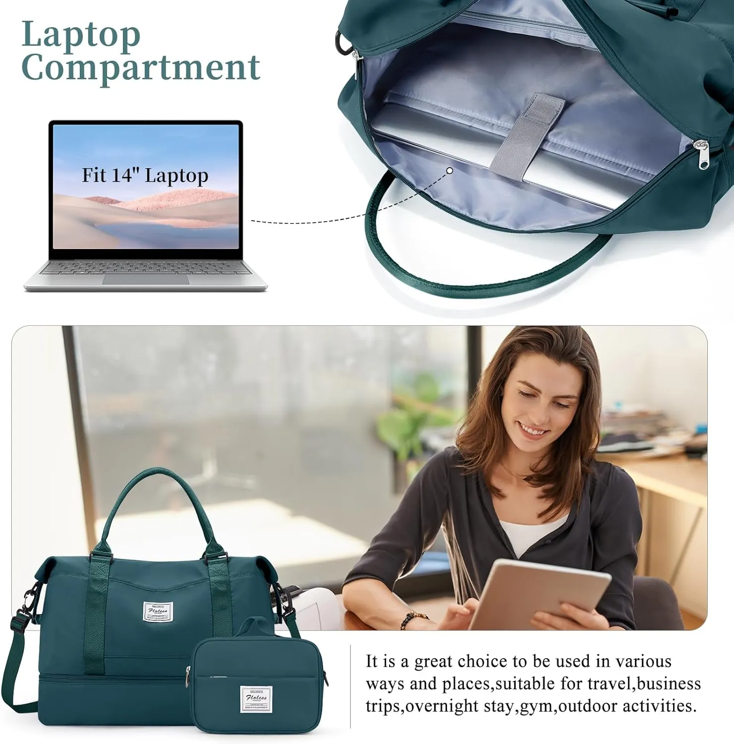Weekender Bags for Women,Personal Item Travel Bag with Shoes Compartment,Overnight Travel Duffel Bag with Toiletry Bag, Wr-Peacock Blue with Laptop Pocket, Large, Set(travel Bag toiletry Bag)