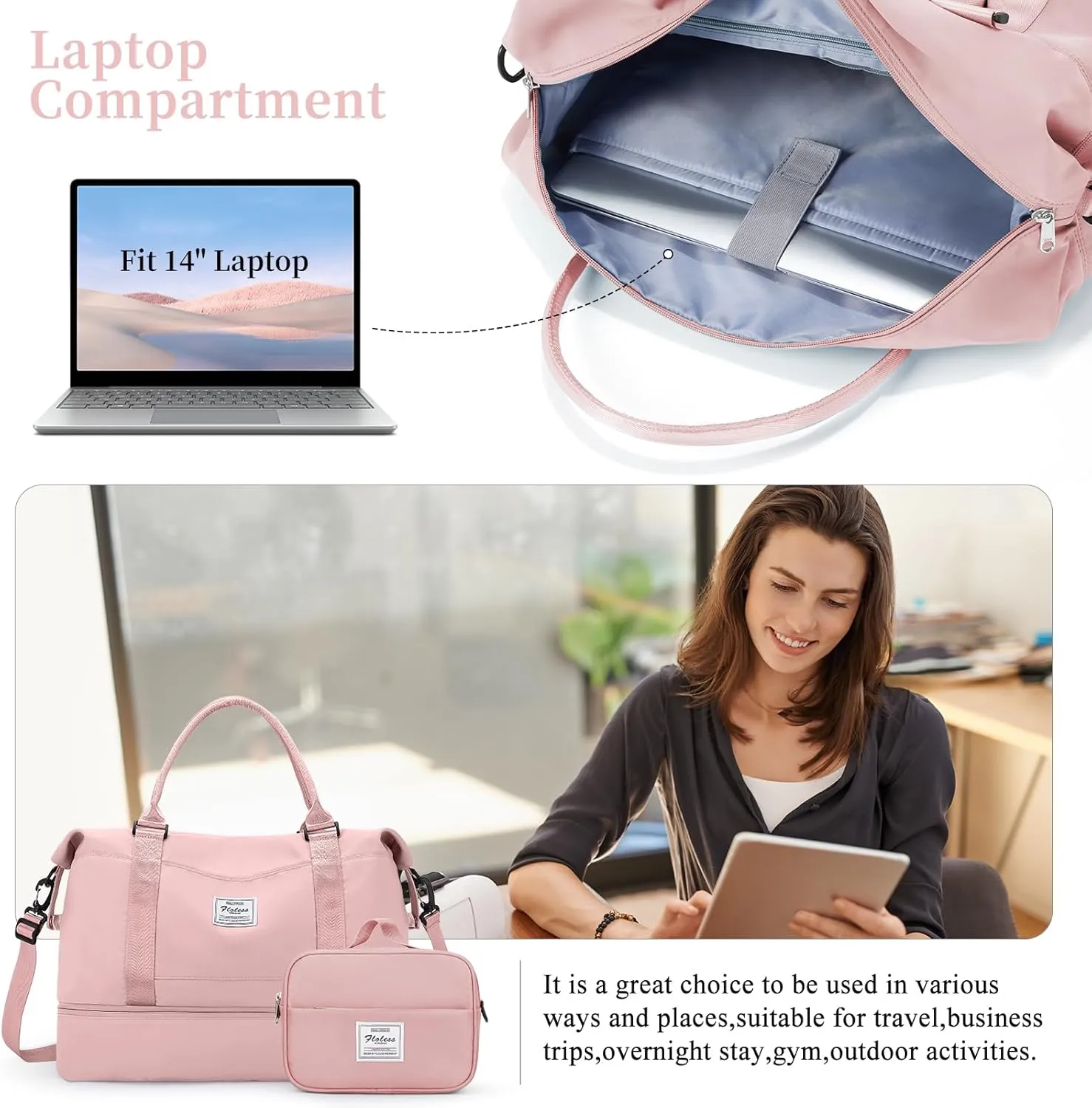 Weekender Bags for Women,Personal Item Travel Bag with Shoes Compartment,Overnight Travel Duffel Bag with Toiletry Bag, Wr-pink With Laptop Pocket, Large, Set(travel Bag toiletry Bag)