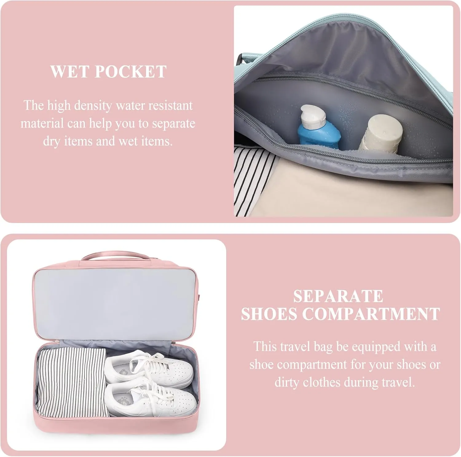 Weekender Bags for Women,Personal Item Travel Bag with Shoes Compartment,Overnight Travel Duffel Bag with Toiletry Bag, Wr-pink With Laptop Pocket, Large, Set(travel Bag toiletry Bag)