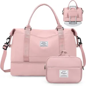 Weekender Bags for Women,Personal Item Travel Bag with Shoes Compartment,Overnight Travel Duffel Bag with Toiletry Bag, Wr-pink With Laptop Pocket, Large, Set(travel Bag toiletry Bag)