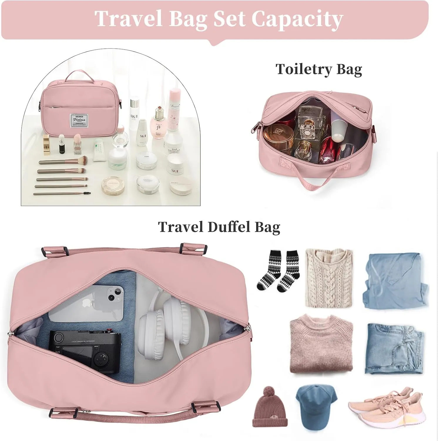 Weekender Bags for Women,Personal Item Travel Bag with Shoes Compartment,Overnight Travel Duffel Bag with Toiletry Bag, Wr-pink With Laptop Pocket, Large, Set(travel Bag toiletry Bag)
