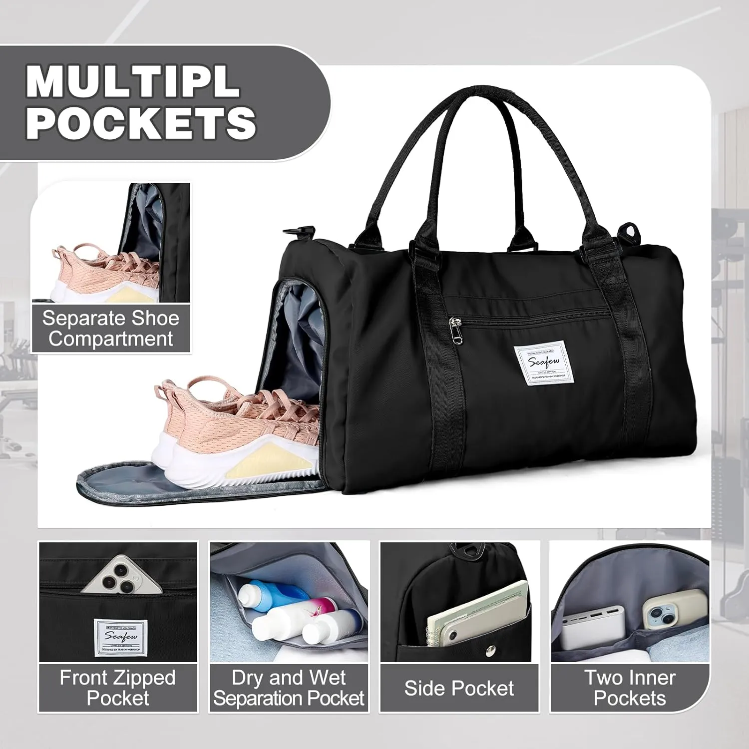 WEPLAN Sports Duffel Bag Women's Men's Sports Bag with Shoe Compartment & Wet Compartment Travel Bag Hand Luggage Bag Sports Bags Fitness Bag Gym Bag Weekender Travel Bag Swimming Bag Training Bag