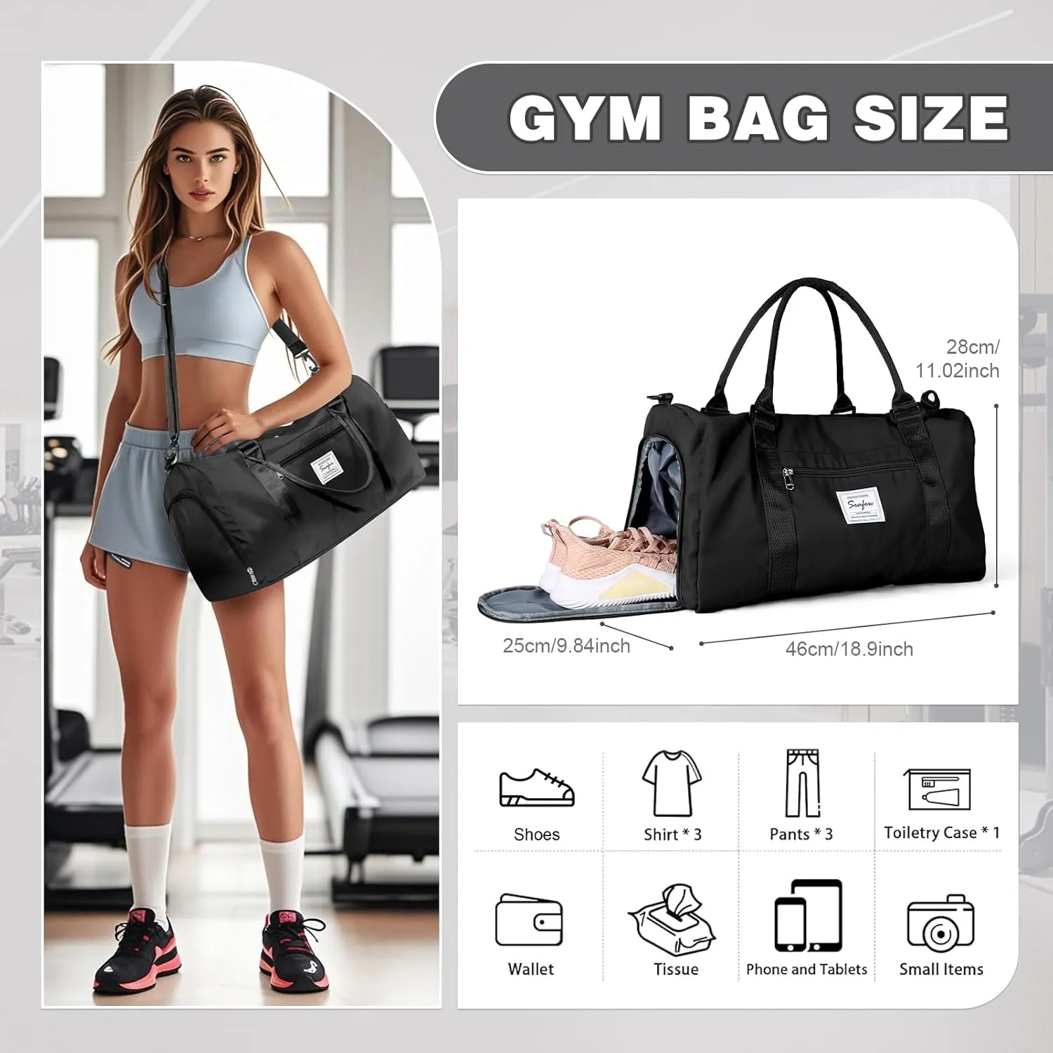 WEPLAN Sports Duffel Bag Women's Men's Sports Bag with Shoe Compartment & Wet Compartment Travel Bag Hand Luggage Bag Sports Bags Fitness Bag Gym Bag Weekender Travel Bag Swimming Bag Training Bag