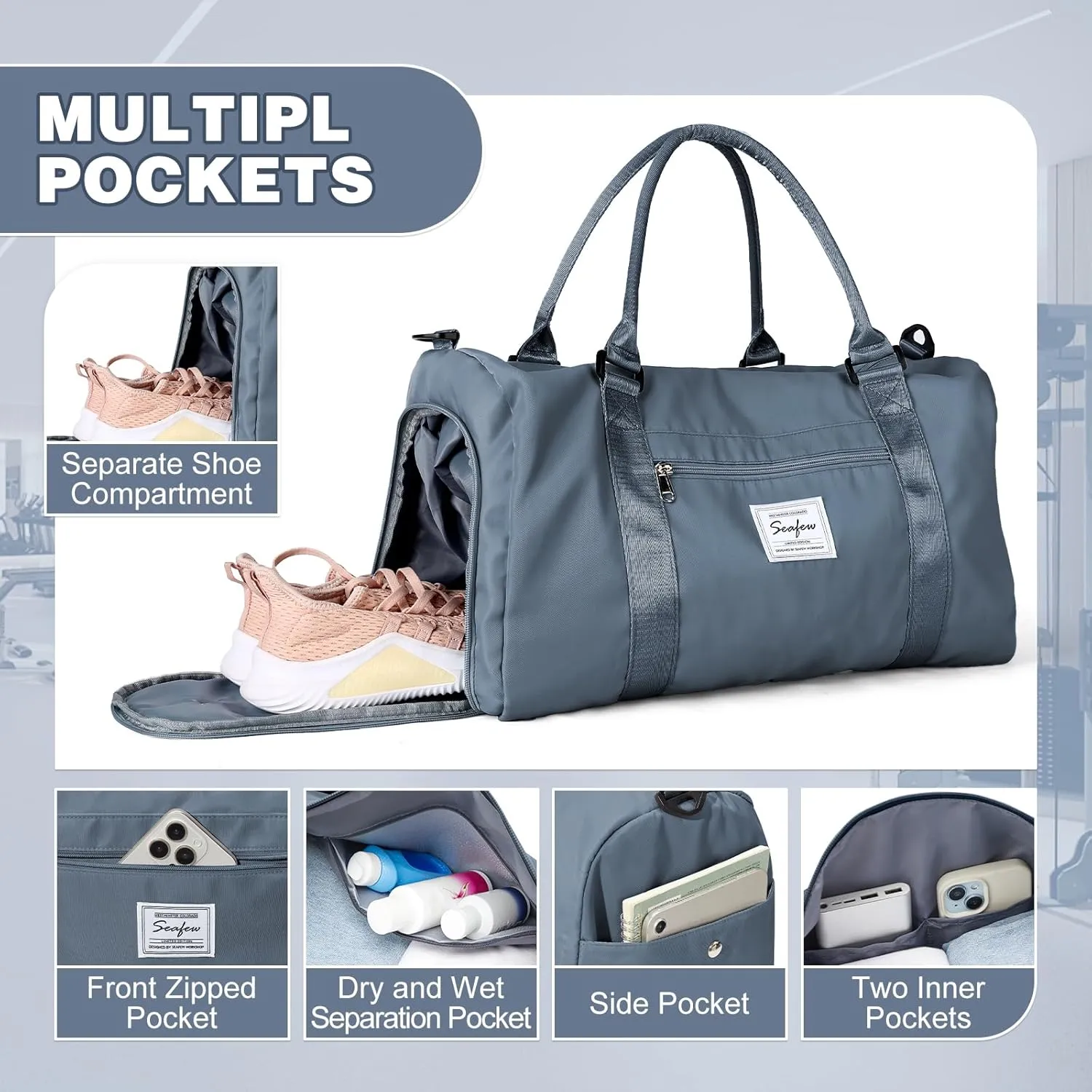 WEPLAN Sports Duffel Bag Women's Men's Sports Bag with Shoe Compartment & Wet Compartment Travel Bag Hand Luggage Bag Sports Bags Fitness Bag Gym Bag Weekender Travel Bag Swimming Bag Training Bag
