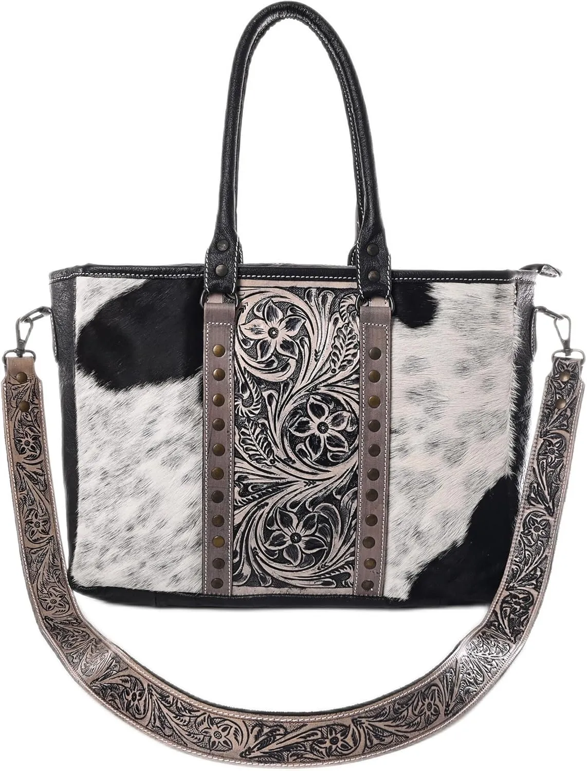 Western Cowhide Hairon Leather Tote Bag for Women With Adjustable Tooled Shoulder Strap Leather Purse