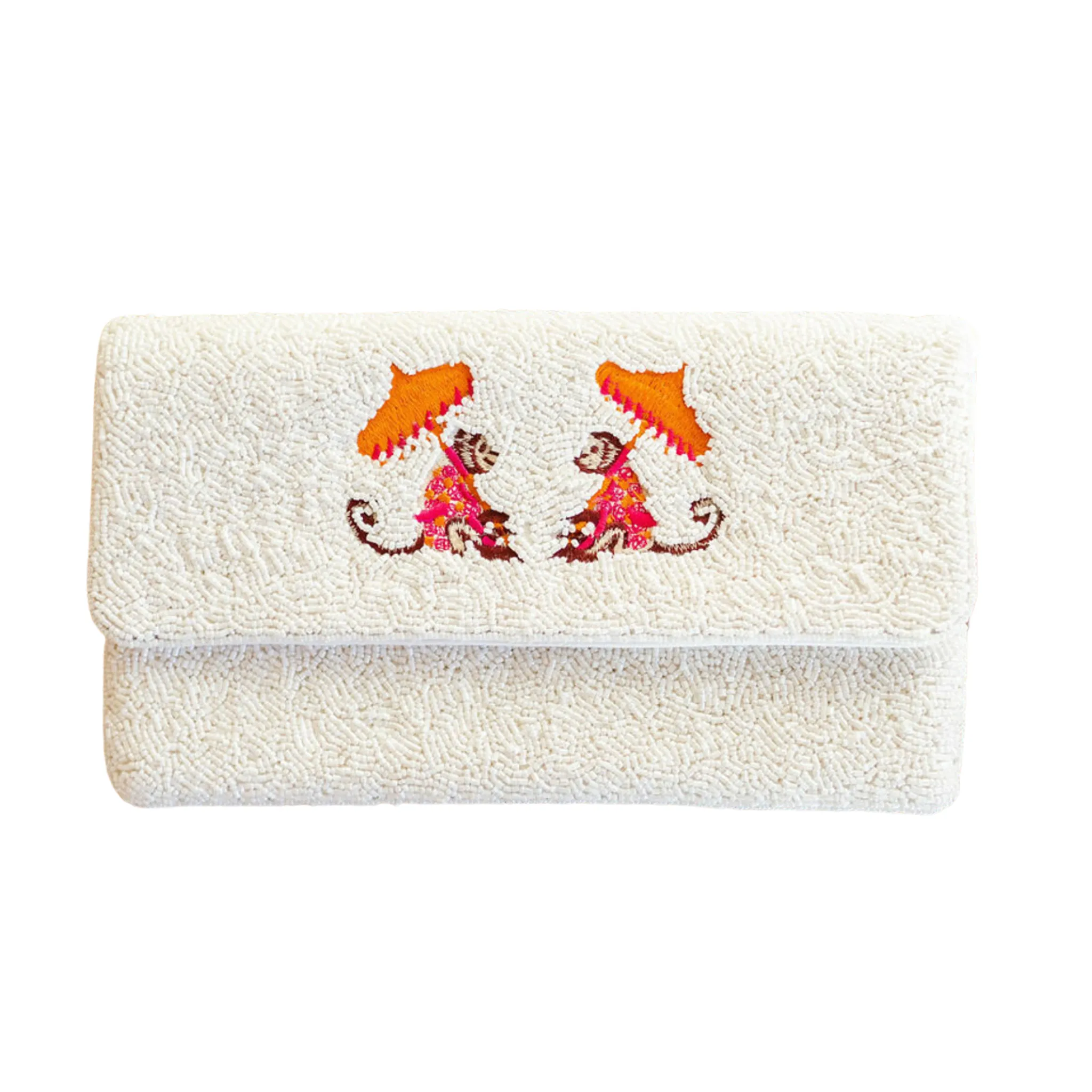 White Beaded Monkey Beaded Clutch