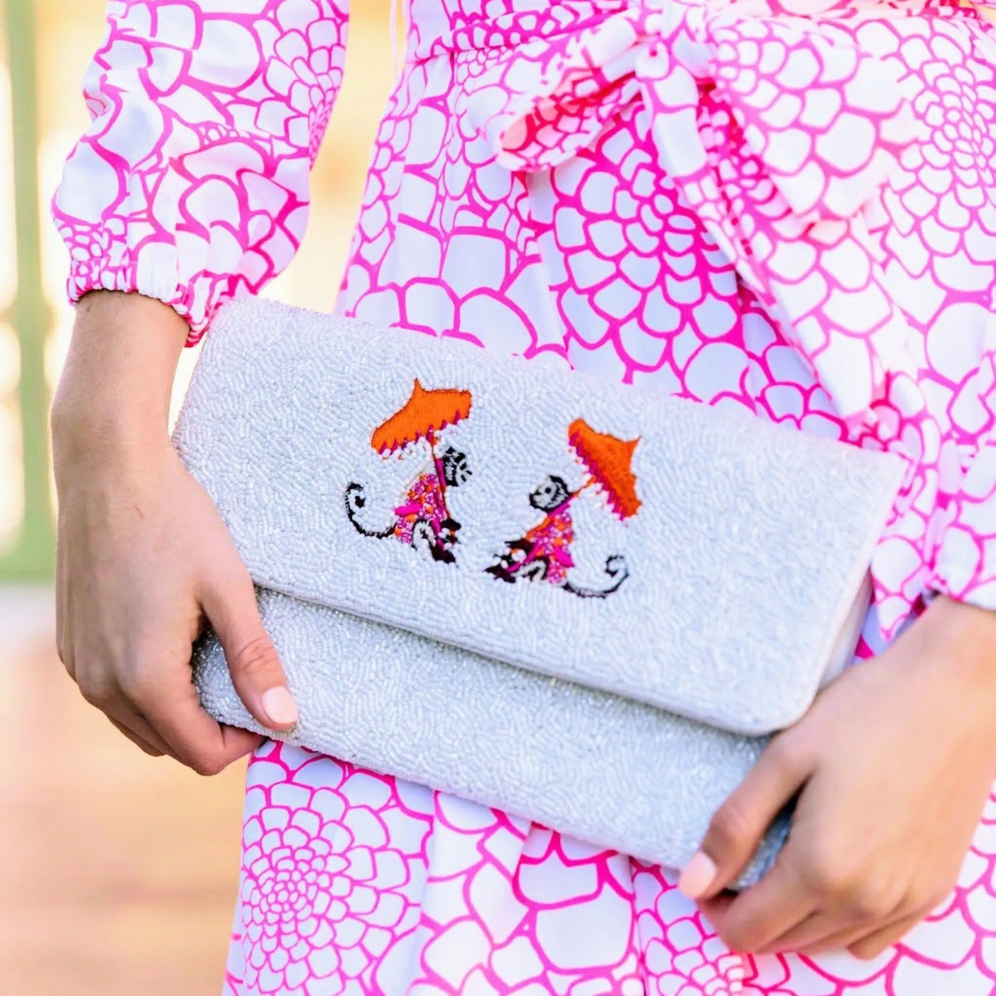 White Beaded Monkey Beaded Clutch