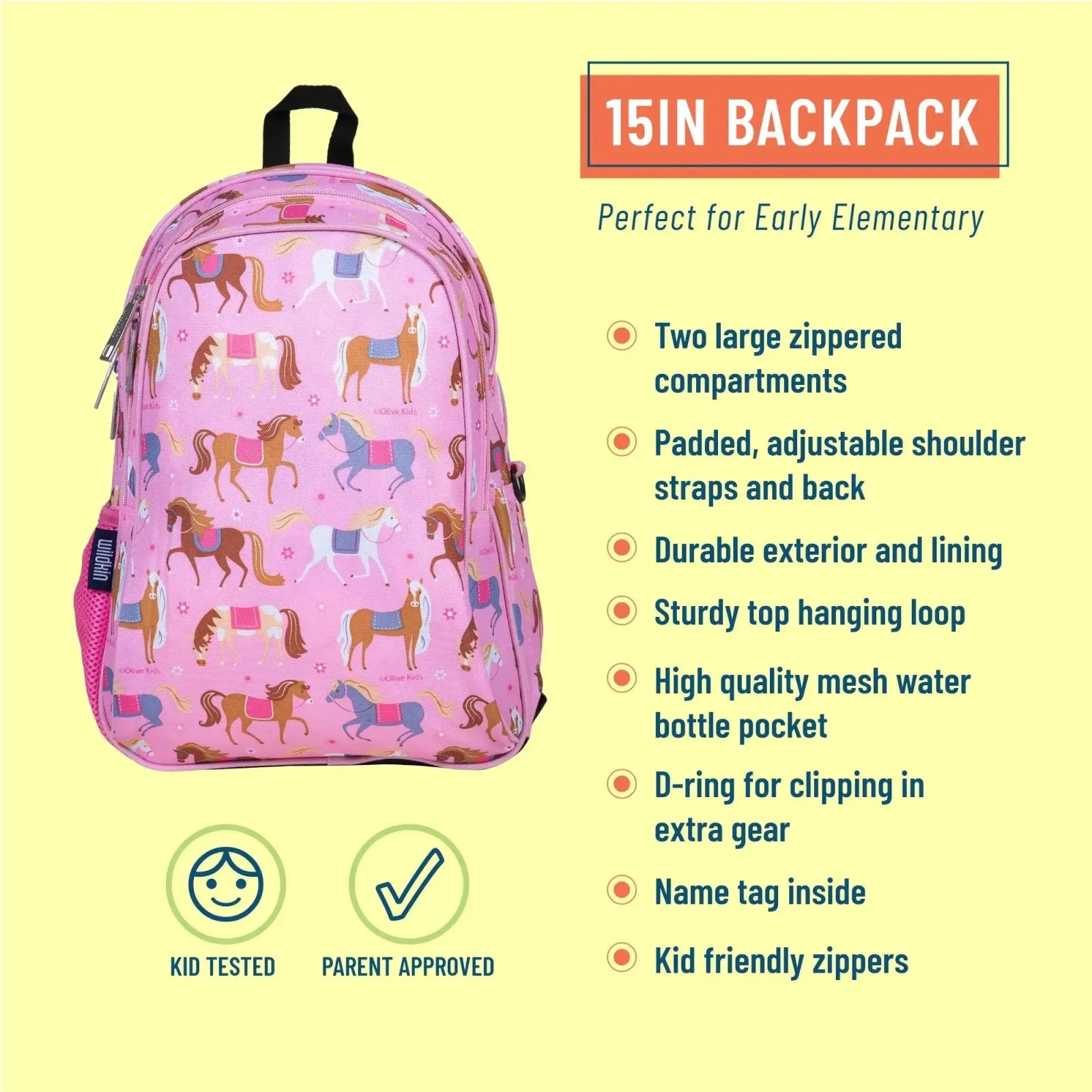 Wildkin Girls 15 Inch Pink Horses School Backpack