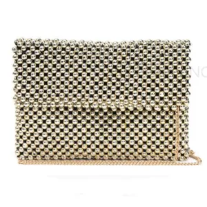 Women Gold Beaded Clutch With Metal Chain Strap