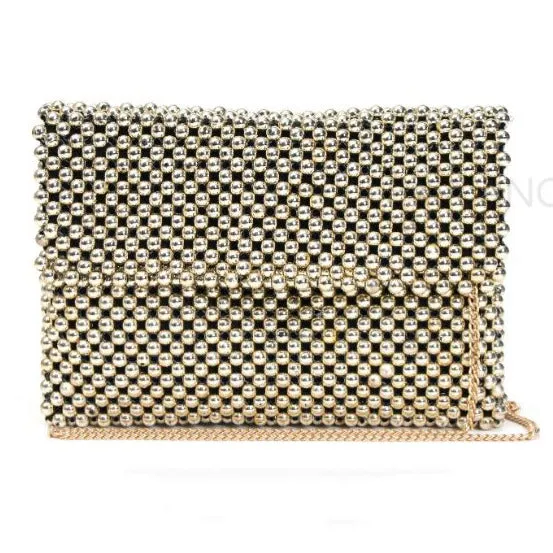Women Gold Beaded Clutch With Metal Chain Strap