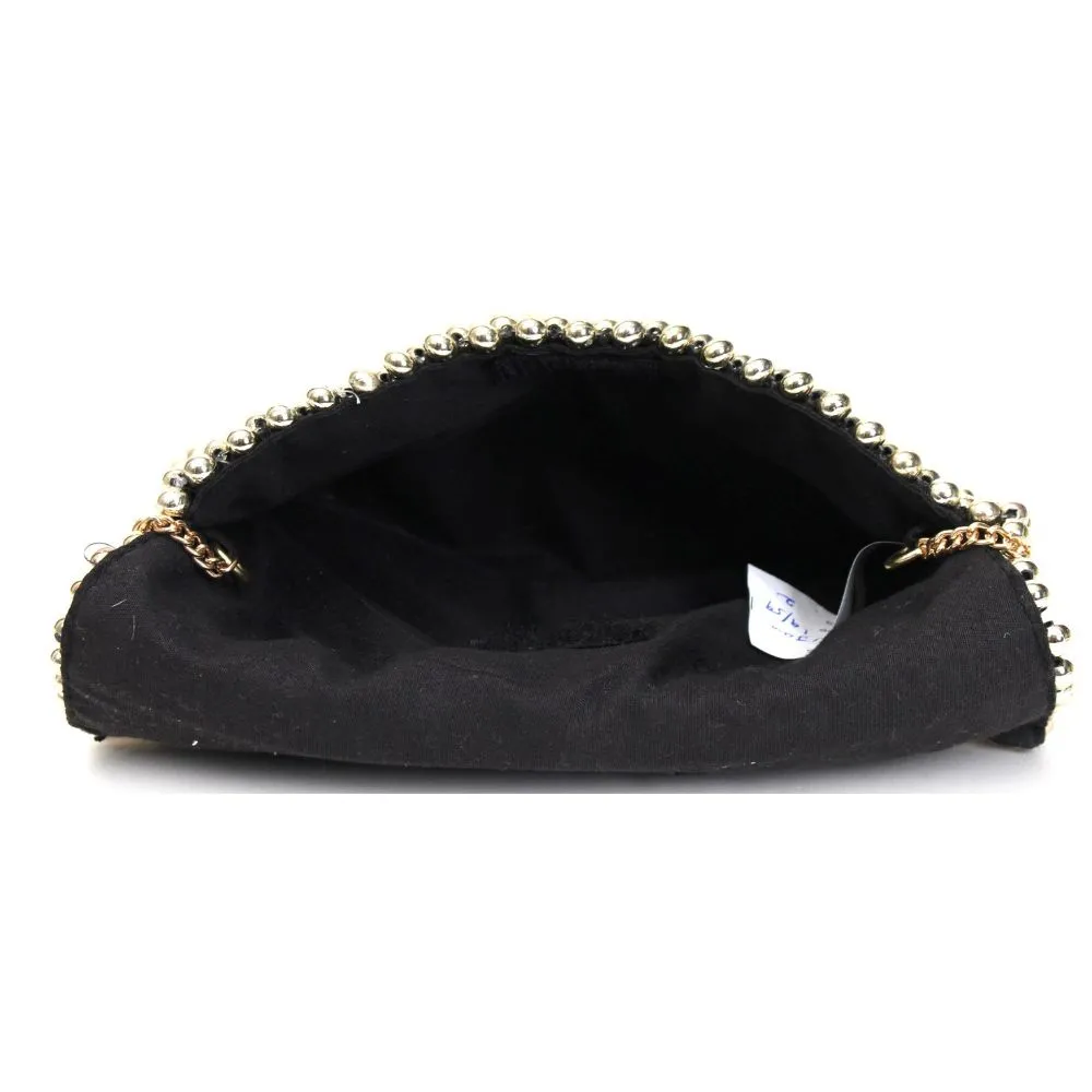 Women Gold Beaded Clutch With Metal Chain Strap
